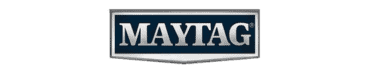 The image shows the Maytag logo with "MAYTAG" in bold white letters inside a navy blue, shield-shaped background, often seen in appliance repair and installation services.