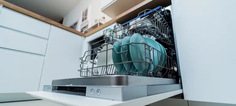The white kitchen and opened dishwasher with clean dishes