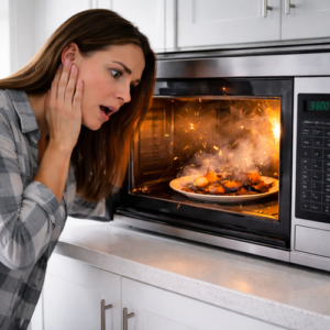 A woman looks shocked at a smoking, burnt plate of food inside a kitchen microwave, possibly due to the microwave not heating food evenly.