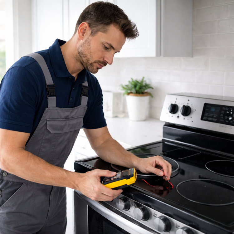 A technician in overalls uses a multimeter to check an electric stove, troubleshooting alongside a microwave not heating in a modern kitchen with white tiles and countertops.