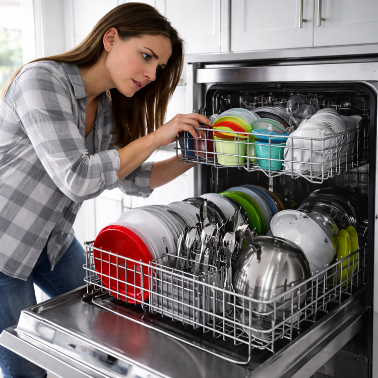 A woman in a plaid shirt inspects a loaded dishwasher in a modern kitchen, wondering if her microwave not heating is related to other appliance issues.