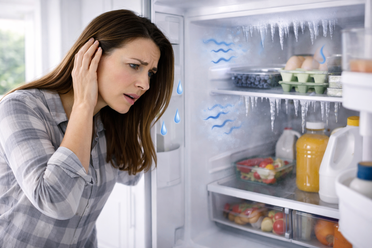 A worried woman looks into an open refrigerator with ice, blue lines, and water drop graphics—similar issues can occur if your microwave is not heating.