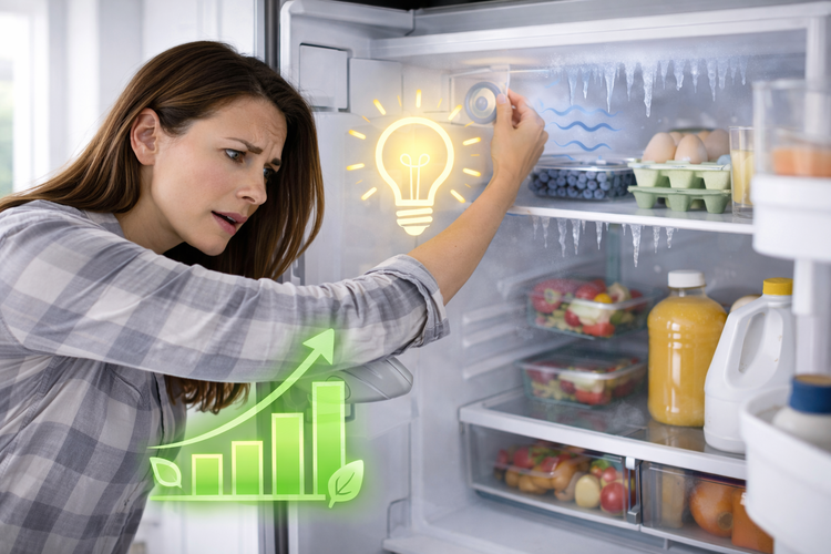 A woman adjusts a dial in her refrigerator, looking concerned, while digital icons of a lightbulb and "microwave not heating" warning are superimposed.