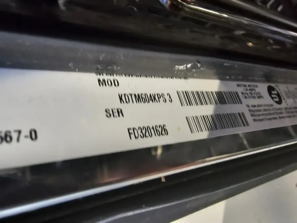 appliance repair close up label metal surface bradford ontario shows model kdtm6