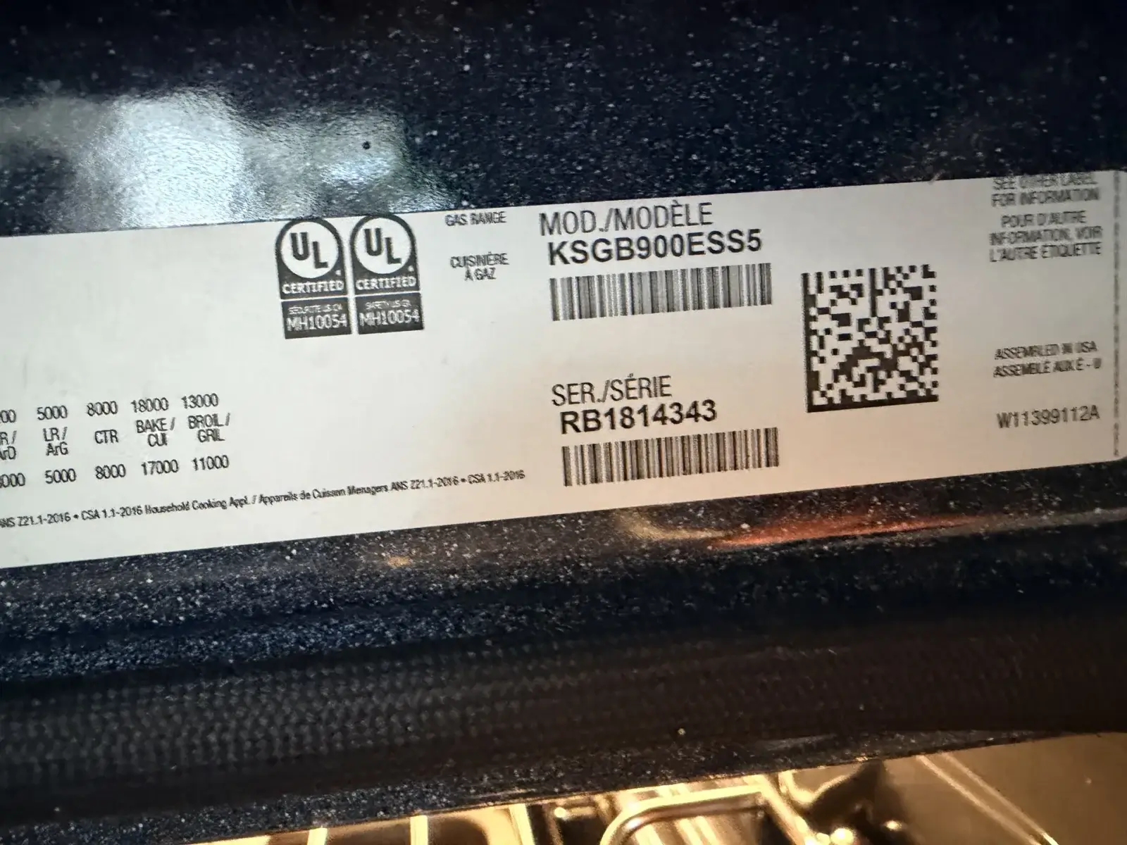 appliance repair product label showing model number ksgg900ess5 serial rb1814343