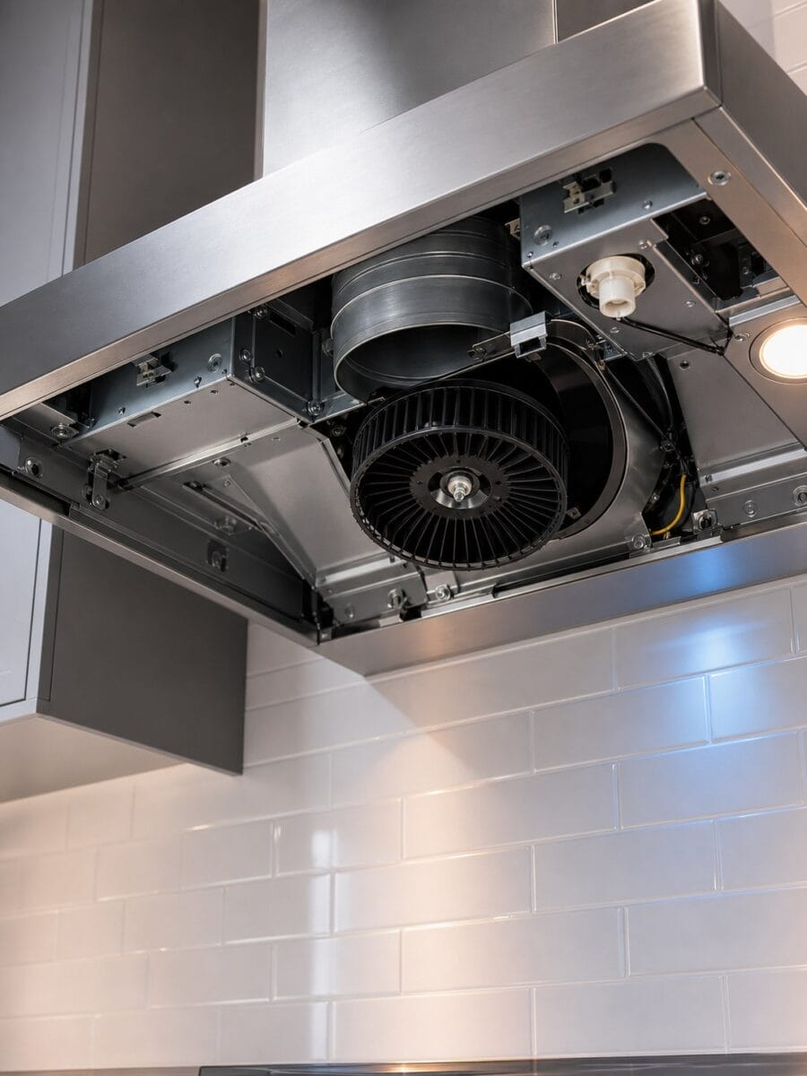 Exposed internals of a range hood showing the blower, wiring, and switch &mdash; where most range hood faults start