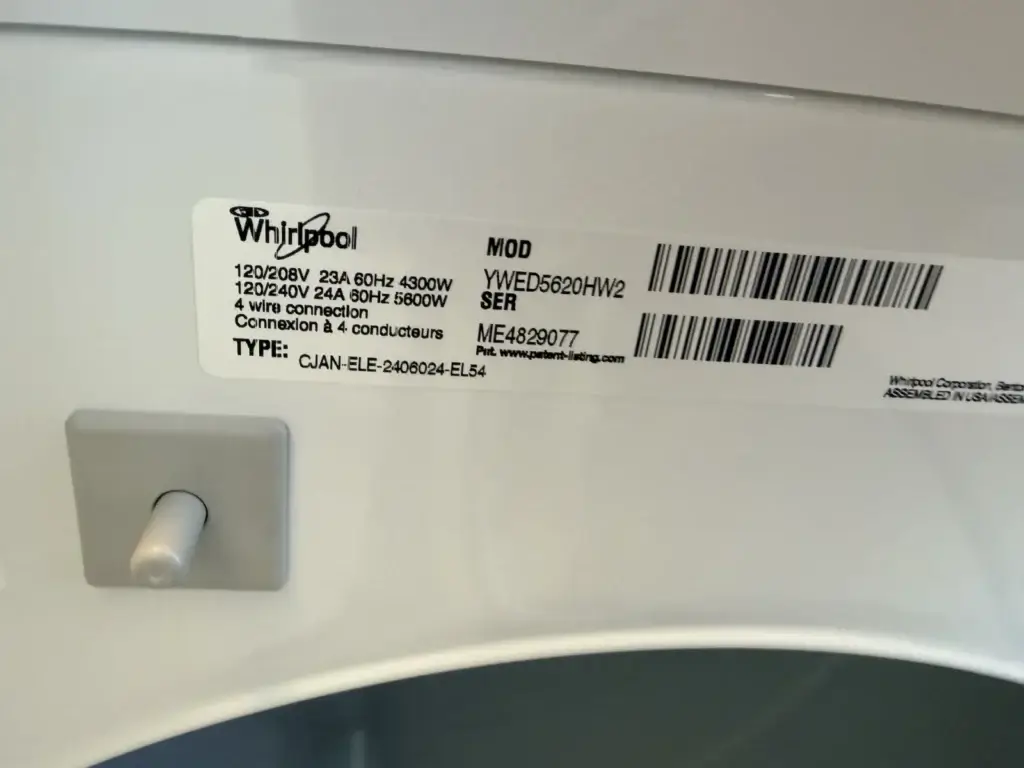 Whirlpool dryer model and serial label - have the model number ready for an accurate repair quote
