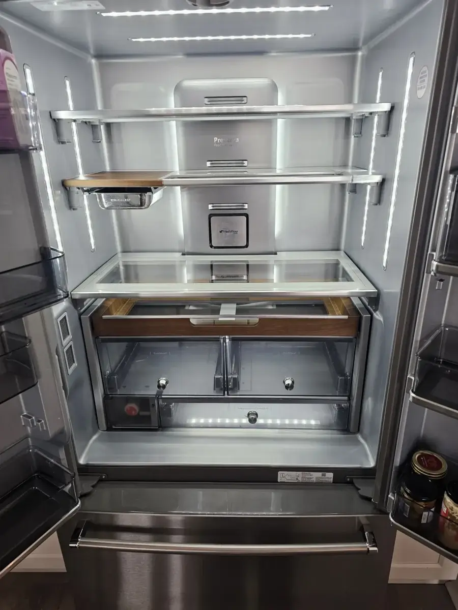 fridge repair open empty stainless steel refrigerator glass shelves led lighting