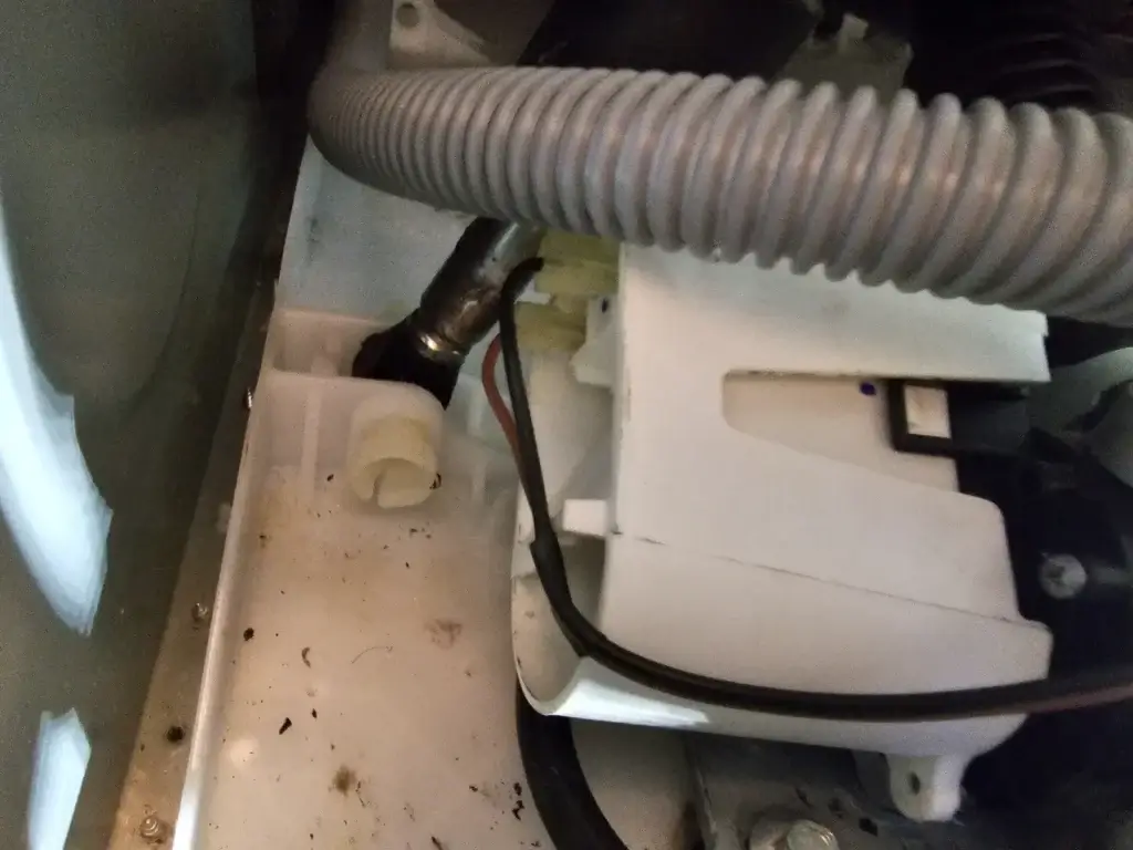 Inside a washing machine cabinet near the drain pump and hoses during a repair
