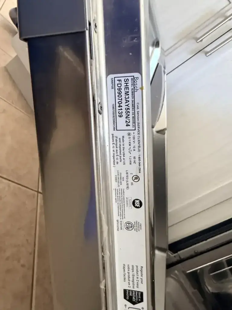 Bosch dishwasher model and serial number rating label (model number beginning SHEM3A) used to identify which series your machine is and look up the right parts