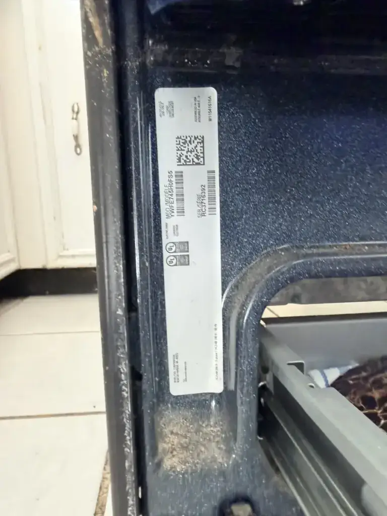 oven repair whirlpool oven model serial number label inside open oven door frame