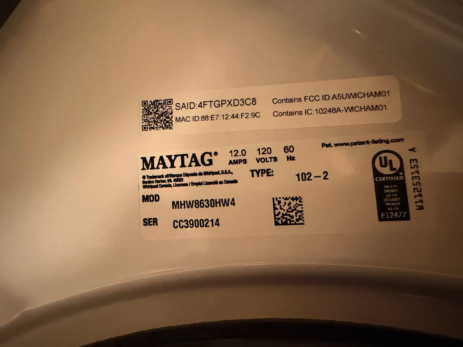Maytag washer rating label showing the model line, serial line, 120 volts and 12 amps, Markham
